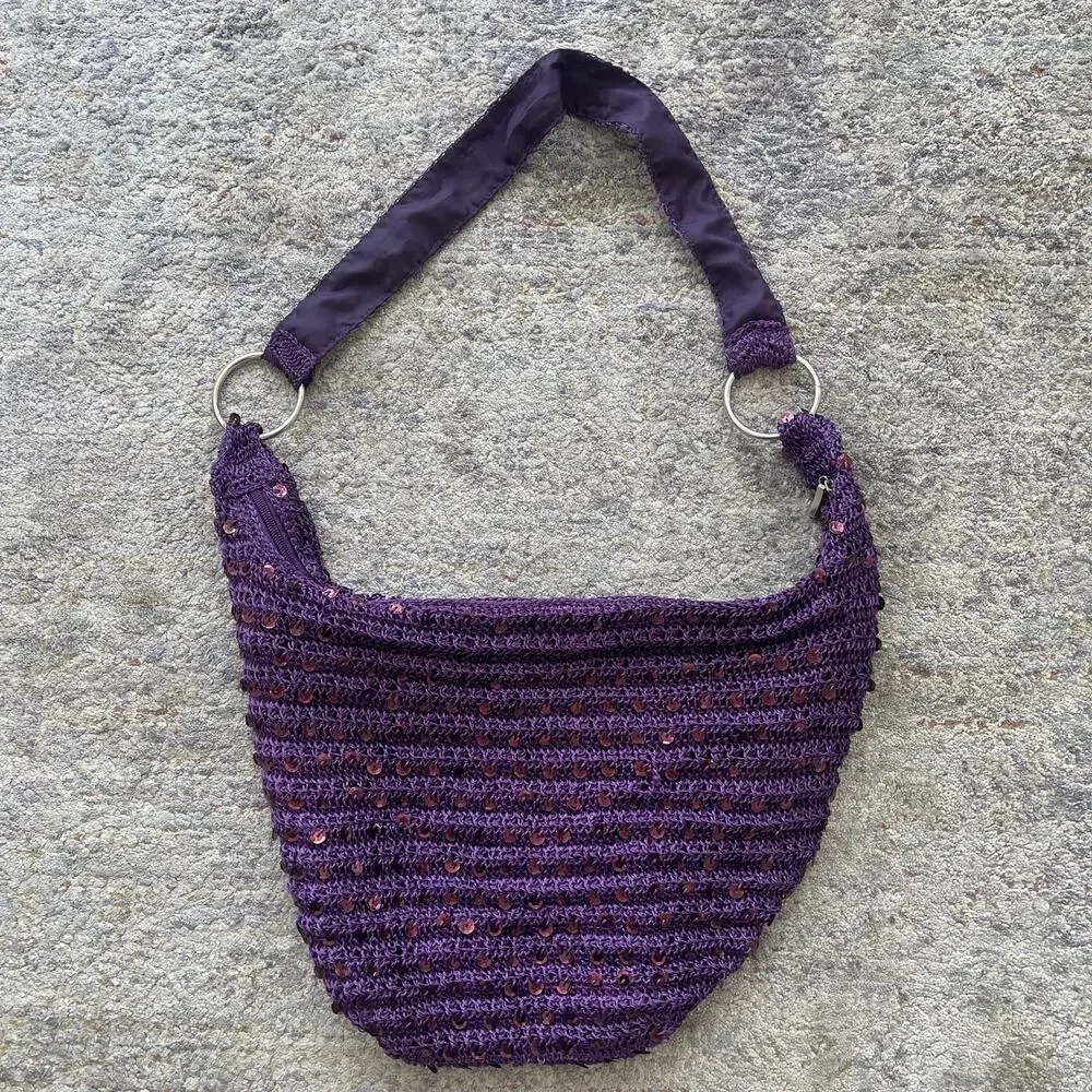 Purple Crochet Sequin Knit Hobo Shoulder Bag Slouchy Boho Handbag Zip Festival